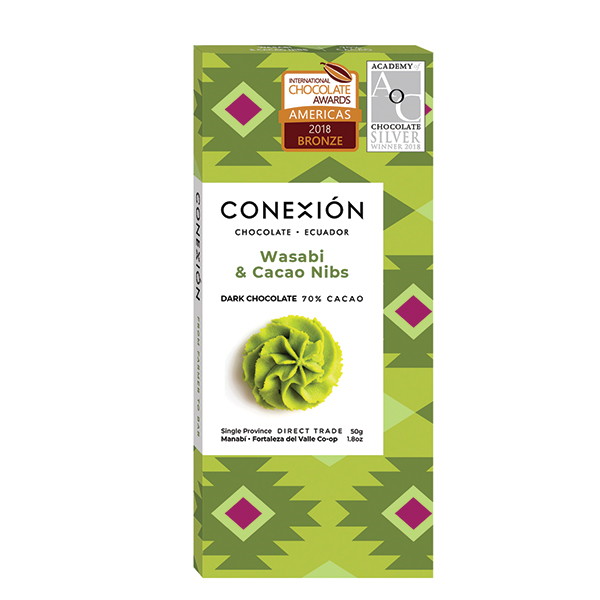 Conexión Wasabi and Cacao Nibs 70% chocolate bar