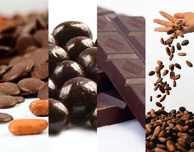 montage of chocolate bars, chocolate snacks, cacao nibs, cocoa snacks